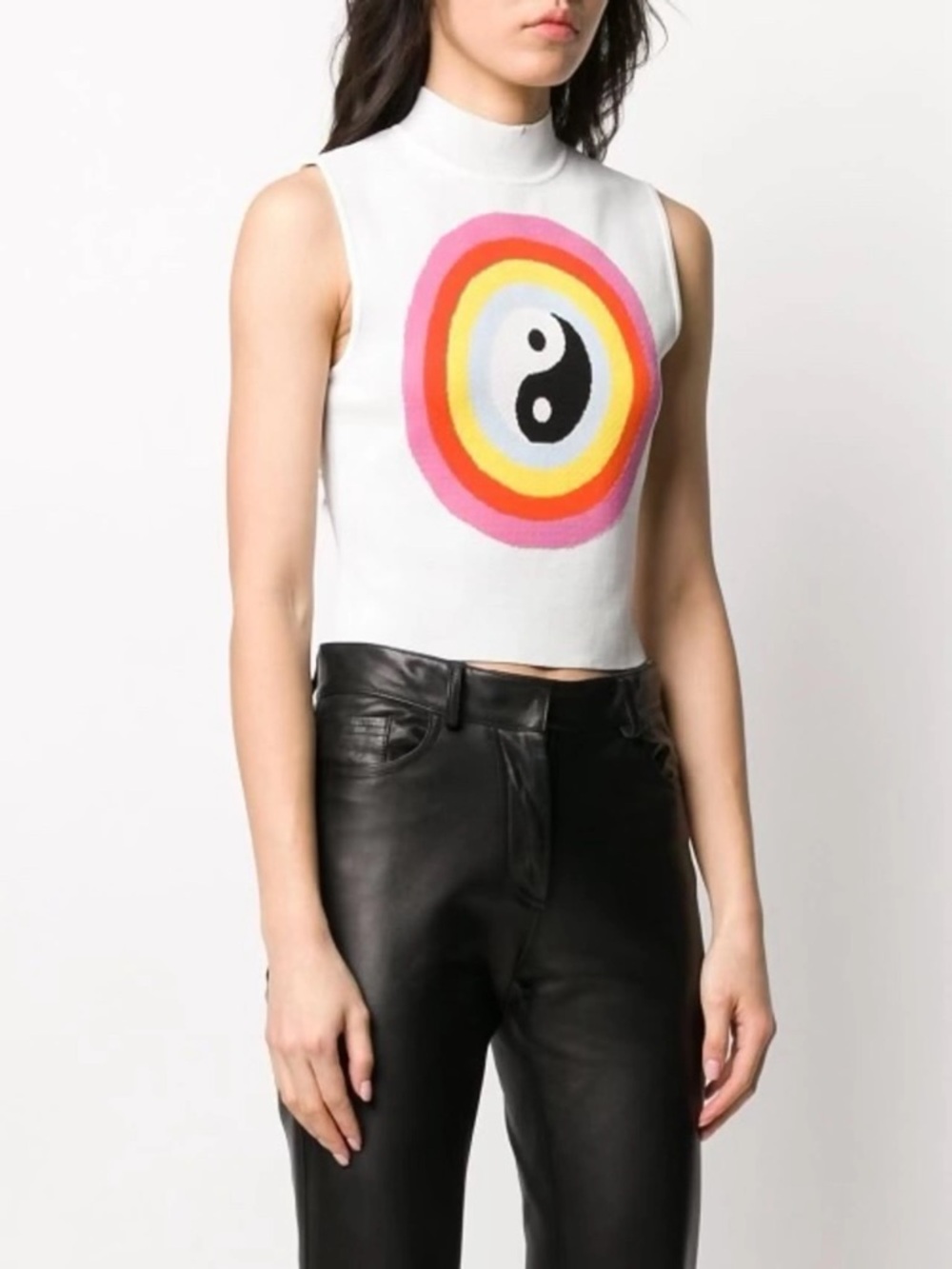STAUD White Mock Neck Tank with Multicolor Yin Yang Motif